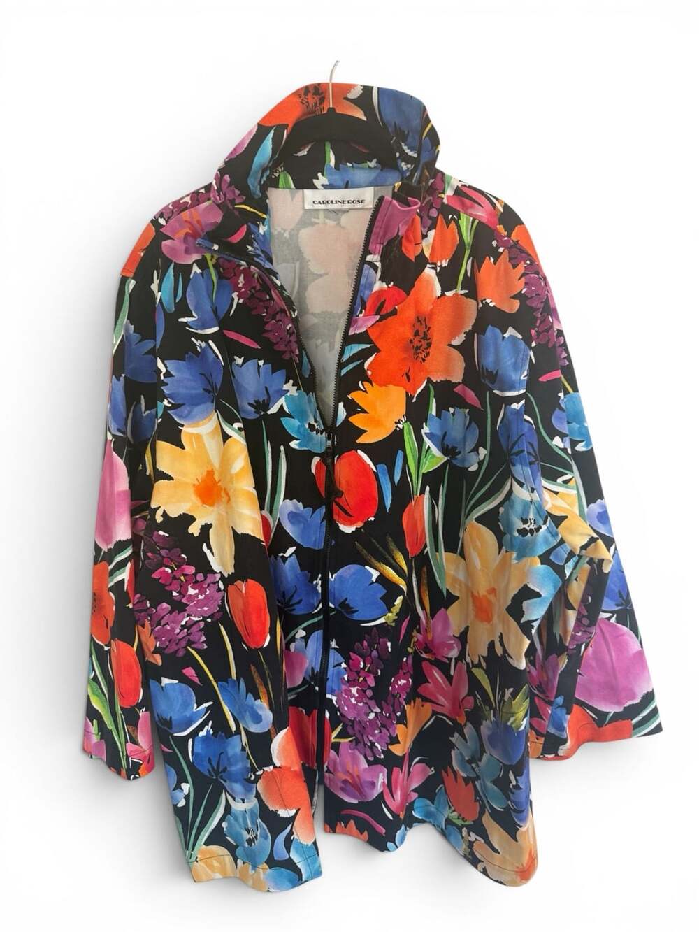 Caroline Rose Watercolor Floral Zip Jacket Black Multicolor Tulip Print XL/1X
